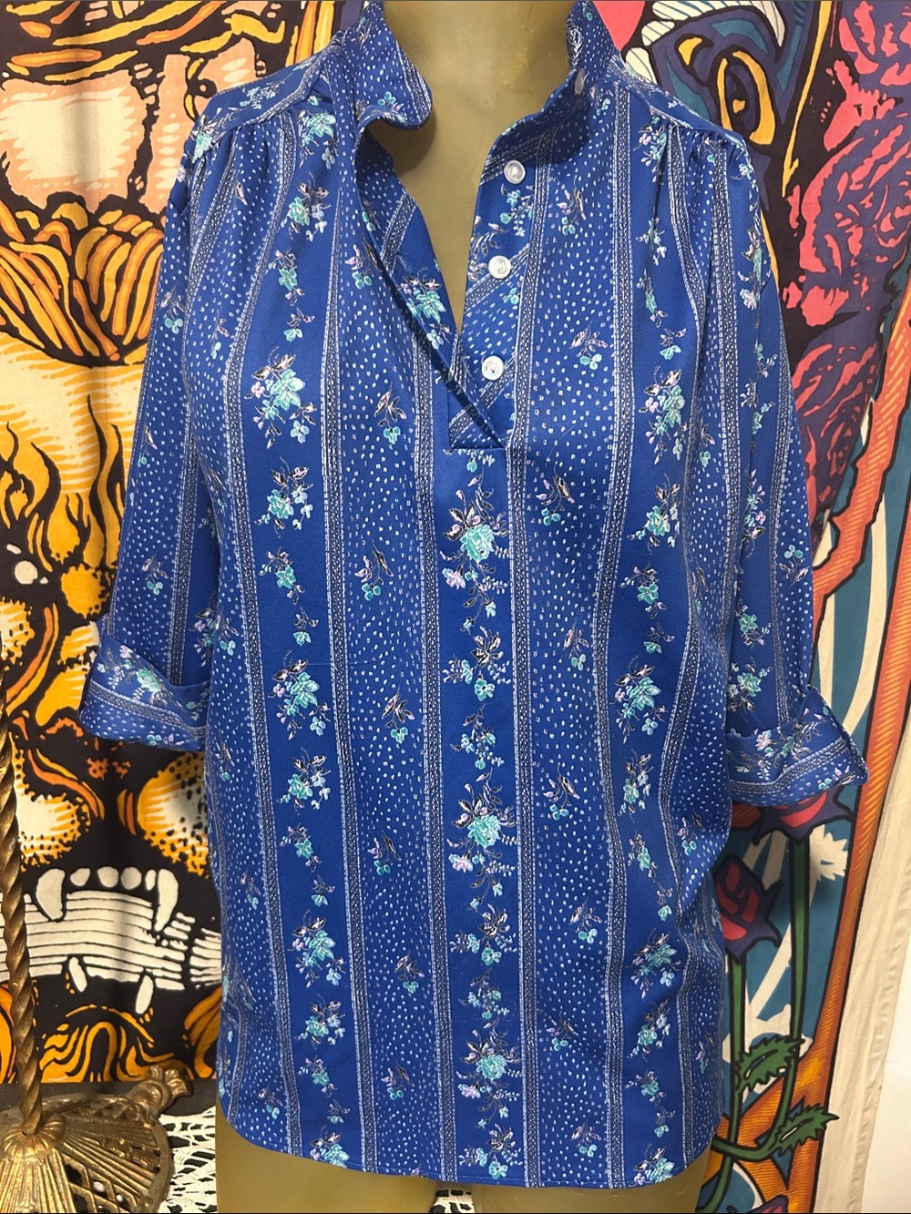 Blue Floral Button-Front Women's blouse super soft and flowy